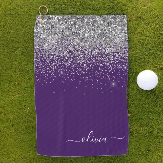 Purple Silver Glitter Girly Glam Monogram  Golf Towel (Creator Uploaded)