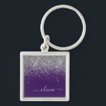 Purple Silver Glitter Girly Glam Monogram  Key Ring<br><div class="desc">Silver and Purple Sparkle Glitter Script Monogram Name Keychains (Key Chain). This makes the perfect sweet 16 birthday,  wedding,  bridal shower,  anniversary,  baby shower or bachelorette party gift for someone that loves glam luxury and chic styles.</div>