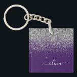 Purple Silver Glitter Girly Glam Monogram  Key Ring<br><div class="desc">Purple and Silver Faux Foil Sparkle Glitter Script Monogram Name Keychain. This makes the perfect sweet 16 birthday,  wedding,  bridal shower,  anniversary,  baby shower or bachelorette party gift for someone that loves glam luxury and chic styles.</div>