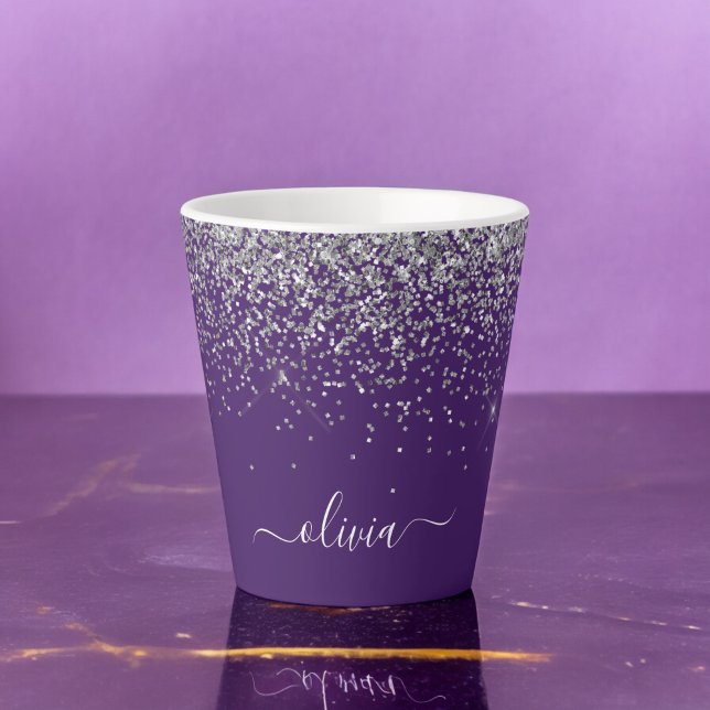Purple Silver Glitter Girly Glam Monogram  Latte Mug (Creator Uploaded)