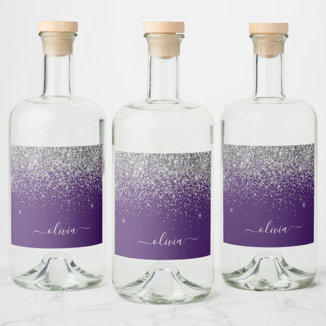Purple Silver Glitter Girly Glam Monogram  Liquor Bottle Label (Bottles)
