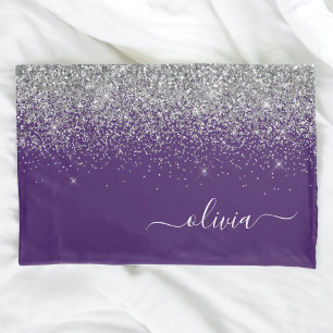 Purple Silver Glitter Girly Glam Monogram Pillowcase