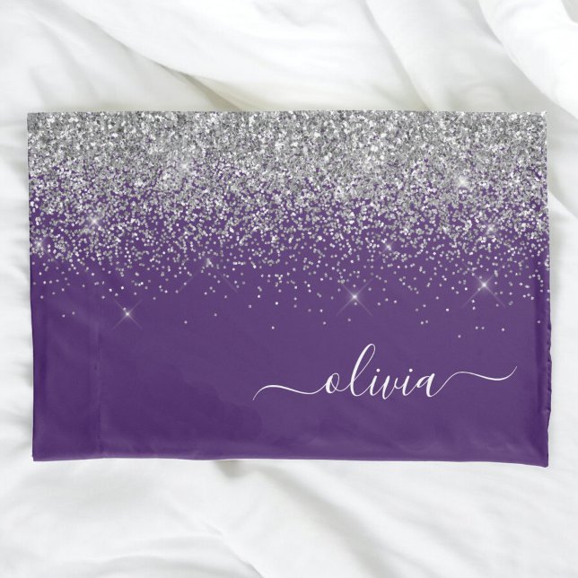 Purple Silver Glitter Girly Glam Monogram  Pillowcase (Creator Uploaded)