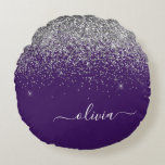 Purple Silver Glitter Girly Glam Monogram  Round Cushion<br><div class="desc">Purple and Silver Sparkle Glitter Script Monogram Name Pouf Pillow. The pillow makes the perfect sweet 16 birthday,  wedding,  bridal shower,  baby shower or bachelorette party gift for someone decorating her room in rose gold.</div>