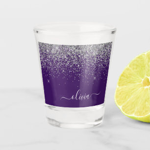 Purple Silver Glitter Girly Glam Monogram  Shot Glass