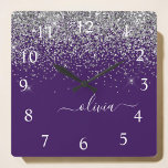 Purple Silver Glitter Girly Glam Monogram  Square Wall Clock<br><div class="desc">Silver and Purple Sparkle Glitter Script Monogram Name Clock. This makes the perfect sweet 16 birthday,  wedding,  bridal shower,  anniversary,  baby shower or bachelorette party gift for someone that loves glam luxury and chic styles.</div>