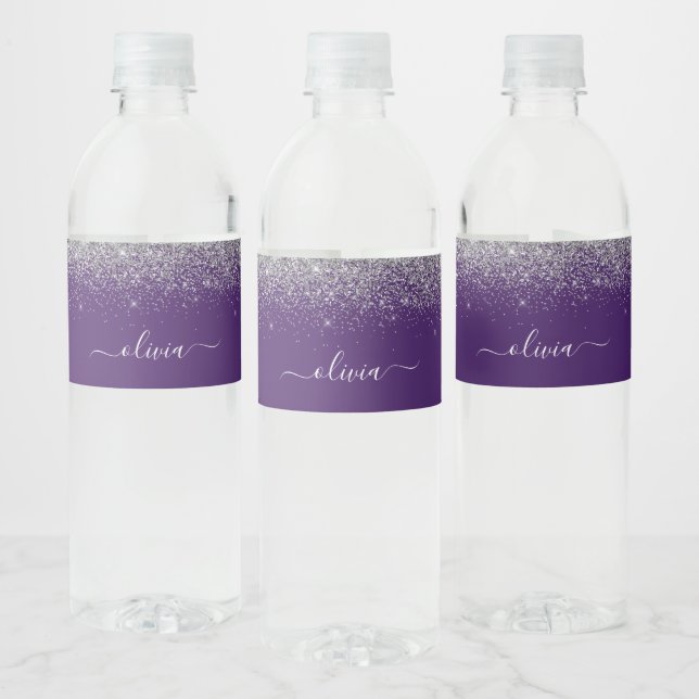 Purple Silver Glitter Girly Glam Monogram  Water Bottle Label (Bottles)