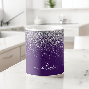 Purple Silver Glitter Girly Monogram Name Coffee Mug