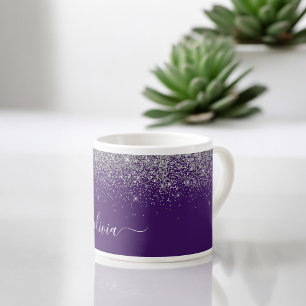 Purple Silver Glitter Girly Monogram Name Espresso Cup