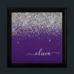 Purple Silver Glitter Girly Monogram Name Gift Box<br><div class="desc">Purple and Silver Sparkle Glitter script Monogram Name Jewellery Keepsake Box. This makes the perfect graduation,  birthday,  wedding,  bridal shower,  anniversary,  baby shower or bachelorette party gift for someone that loves glam luxury and chic styles.</div>