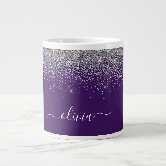 Purple Silver Glitter Girly Monogram Name Large Coffee Mug (Front)