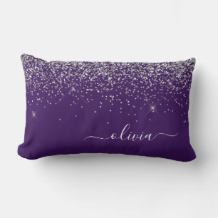 Purple Silver Glitter Girly Monogram Name Lumbar Cushion