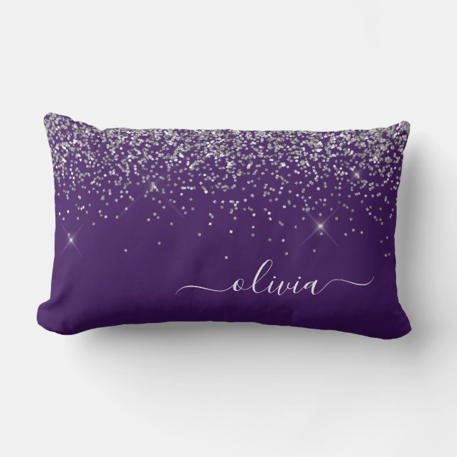Purple Silver Glitter Girly Monogram Name Lumbar Cushion (Front)