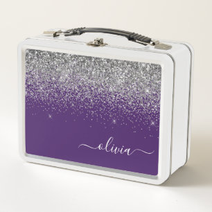 Purple Silver Glitter Girly Monogram Name Metal Lunch Box