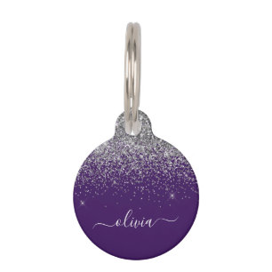 Purple Silver Glitter Girly Monogram Name Pet Tag