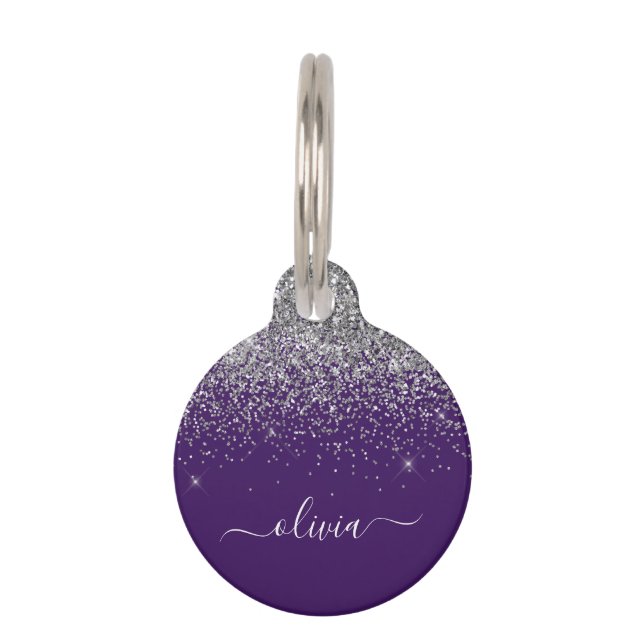 Purple Silver Glitter Girly Monogram Name Pet Tag (Front)
