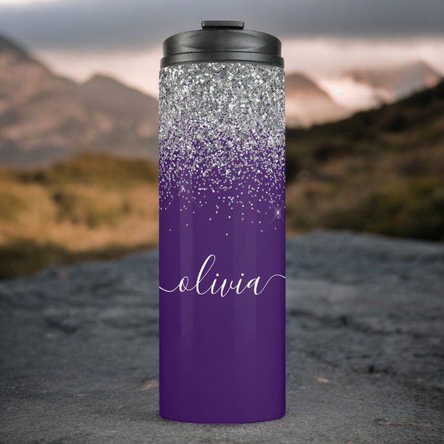 Purple Silver Glitter Girly Monogram Name Thermal Tumbler (Creator Uploaded)