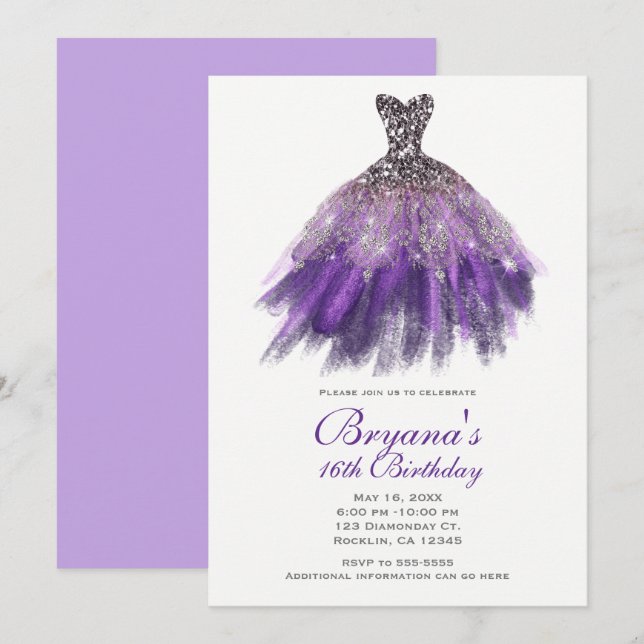 Purple & Silver Glitter Glam Dress Sweet 16 Party  Invitation (Front/Back)