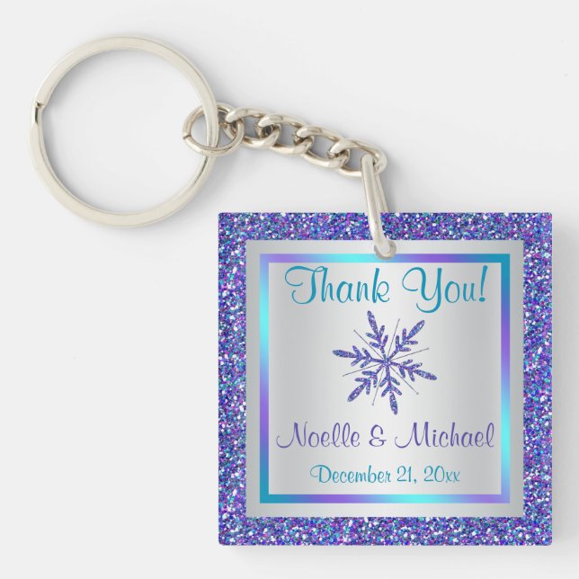 Purple Silver Glitter LOOK Snowflakes Keychain (Front)