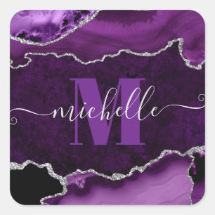 Purple & Silver Glitter Marble Agate Monogram Square Sticker