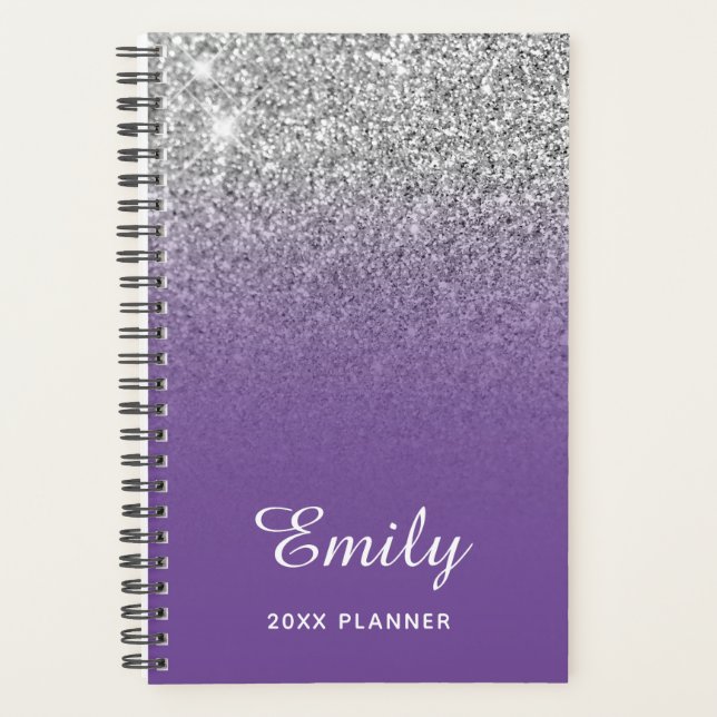 Purple Silver Glitter Ombre Personalised Planner (Front)