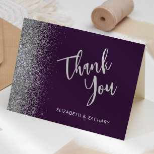 Purple Silver Glitter Script Wedding Thank You Card