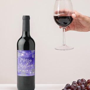 Purple Silver Glitter Snowflake Family Christmas Wine Label