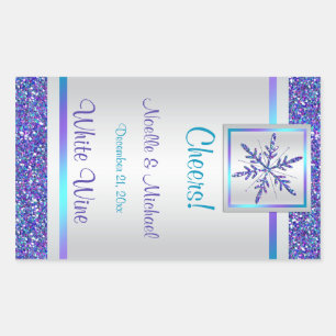 Purple Silver Glitter Snowflake Wedding Wine Label