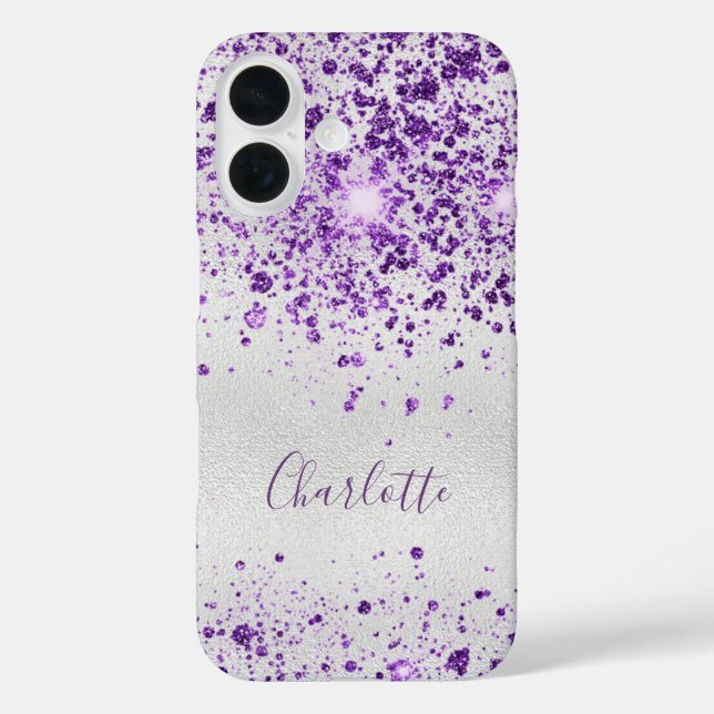 Purple silver glitter sparkles monogram name Case-Mate iPhone case (Back)