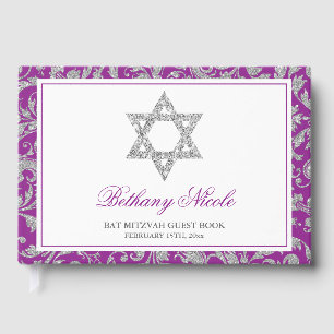 Purple Silver Glitter Swirl Damask Bat Mitzvah Guest Book