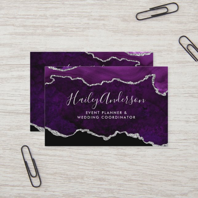 Purple & Silver Glitter Watercolor Gilded Agate Business Card (Front/Back In Situ)