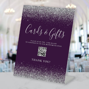 Purple Silver Glitter Wedding Cards Gifts QR Code Pedestal Sign