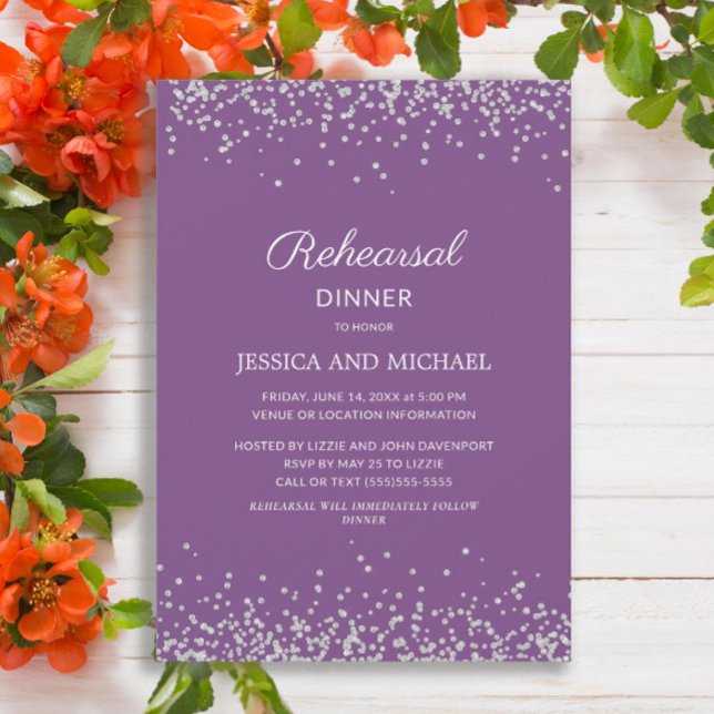 Purple Silver Glitter WeddingRehearsal Dinner Save The Date (Purple wedding rehearsal dinner invitation with silver glitter)