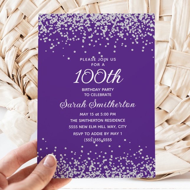 Purple Silver Glitter Women's 100th Birthday Invitation (Elegant purple 100th birthday party invitation with silver glitter)