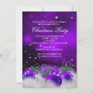 Purple Silver Gold Holly Baubles Christmas Party 2 Invitation