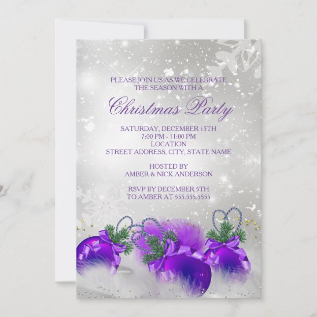 Purple Silver Gold Holly Baubles Christmas Party Invitation (Front)