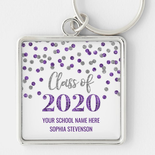 Purple Silver Graduation Class of 2020 Confetti Key Ring (Front)