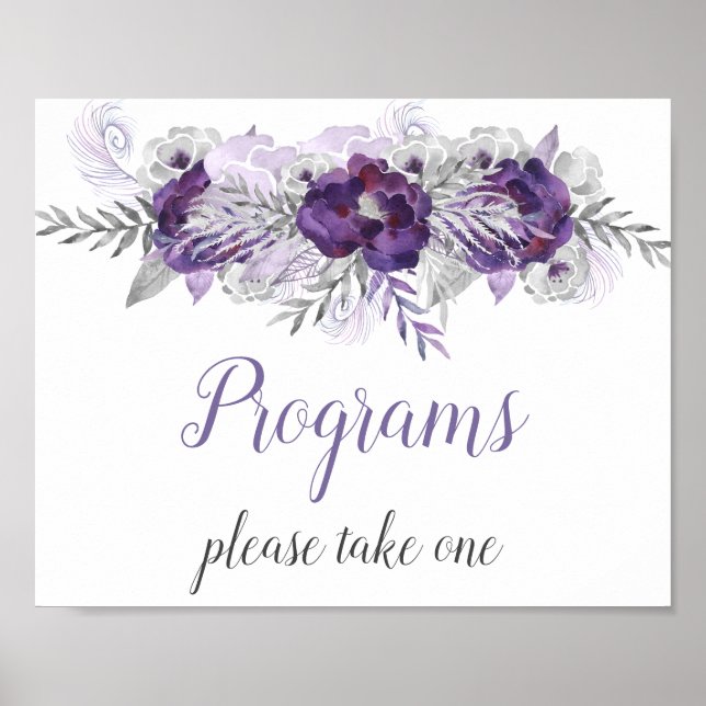 Purple Silver Gray Floral Wedding Programs Sign (Front)