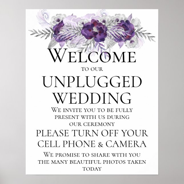 Purple Silver Gray Unplugged Wedding CeremonySign Poster (Front)
