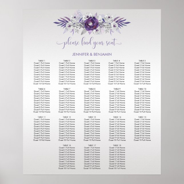 Purple Silver Gray Watercolor Floral Seating Chart (Front)