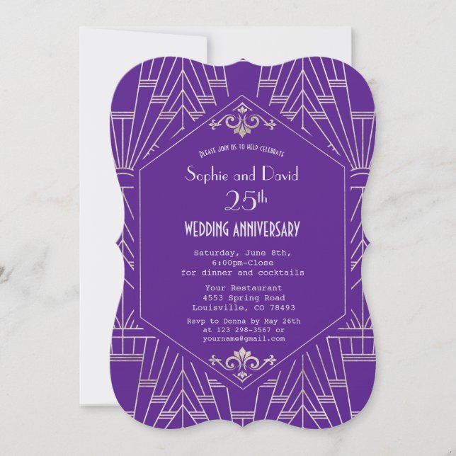 Purple Silver Great Gatsby Wedding Anniversary Invitation (Front)