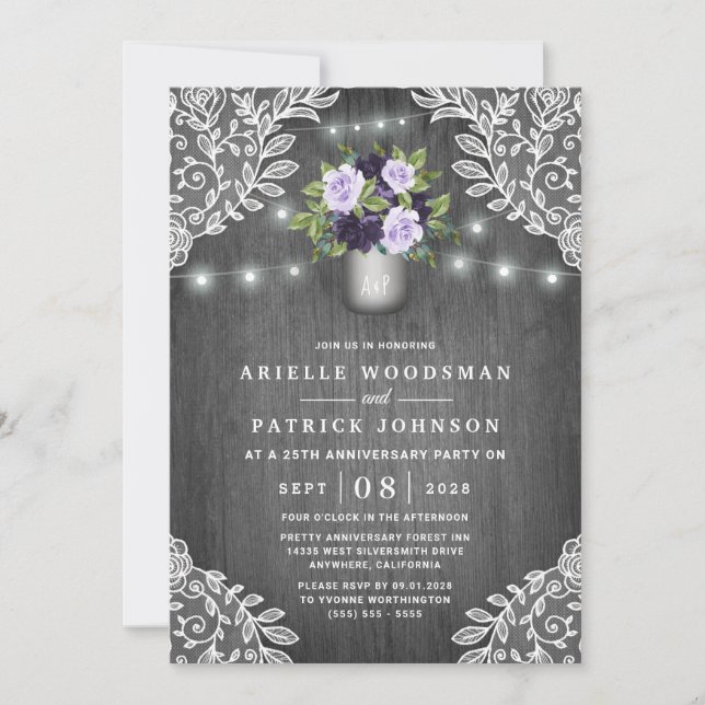 Purple Silver Grey Floral Rustic Anniversary Party Invitation (Front)