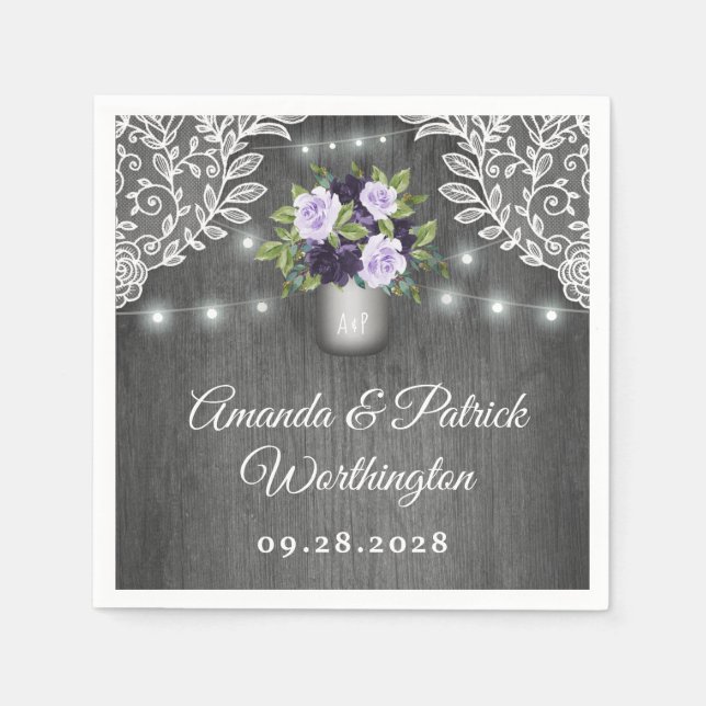 Purple Silver Grey Floral Rustic Mason Jar Wedding Napkin (Front)