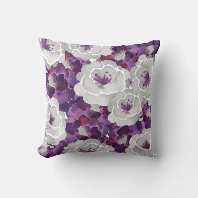 Purple Silver Grey Floral square accent pillow (Front)
