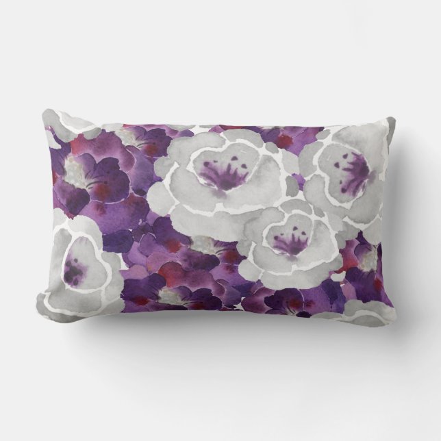 Purple Silver Grey Floral watercolor accent pillow (Front)