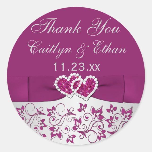Purple, Silver Grey Floral Wedding Favour Sticker (Front)