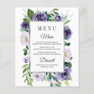 Purple Silver Grey Floral Wedding Menu Cards