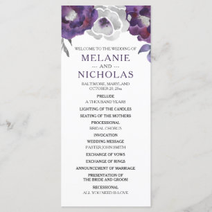 Purple Silver Grey Floral Wedding Program,  3953 Programme