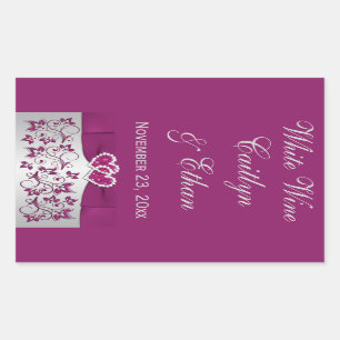 Purple, Silver Grey Floral Wedding Wine Bottle Rectangular Sticker