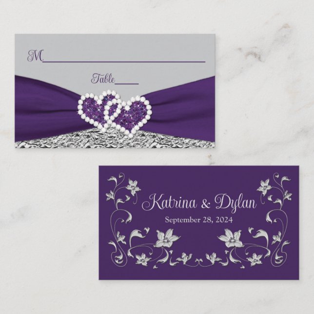 Purple, Silver, Grey Love Hearts Wedding Place Card (Front/Back)